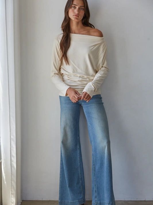 trendy cream off-the-shoulder long-sleeve top