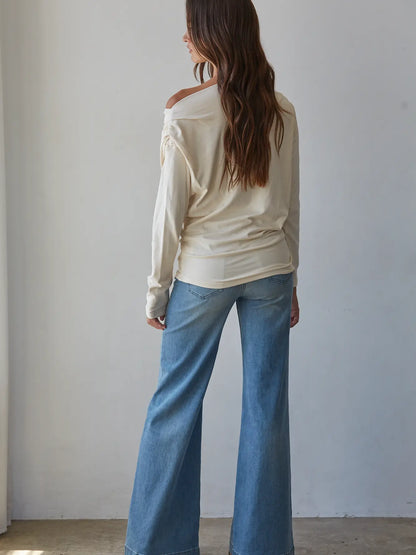 trendy cream off-the-shoulder long-sleeve top