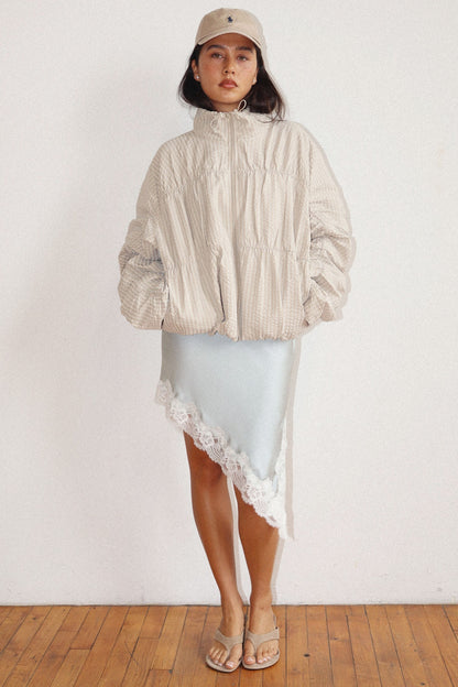 high neck beige textured zip-up jacket 