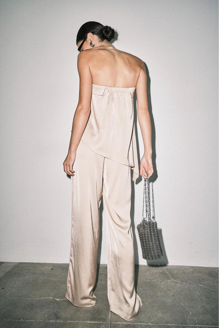 chic satin strapless top and matching wide-leg pants in a champagne beige color