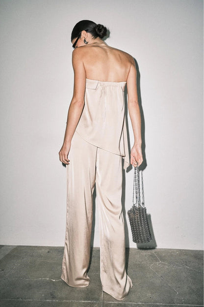 chic satin strapless top and matching wide-leg pants in a champagne beige color