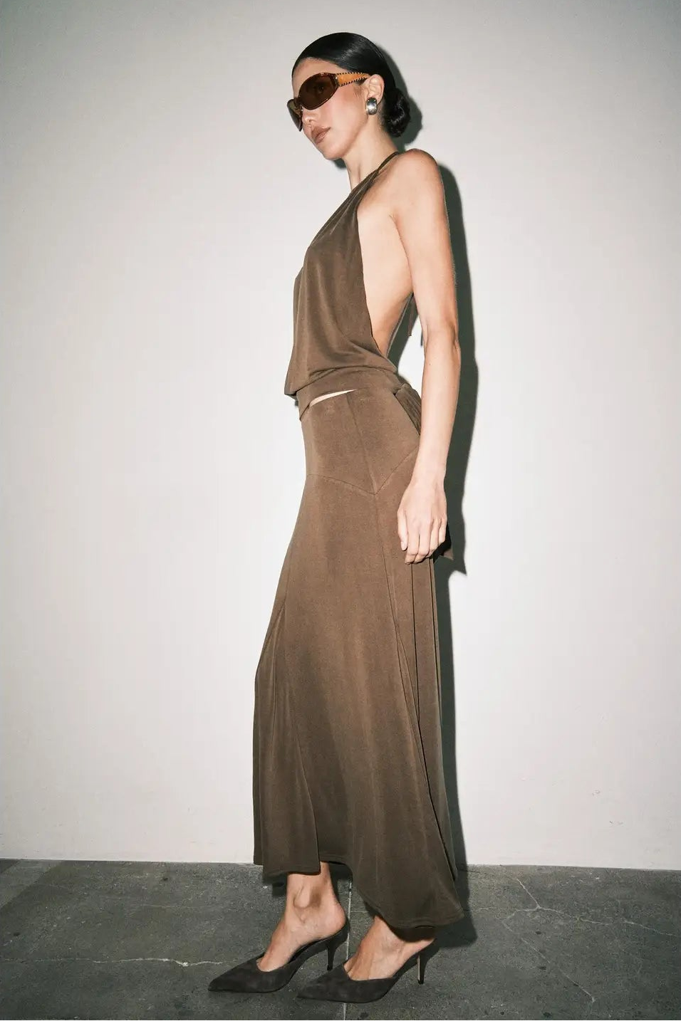 brown womens halter top with center slit and open back