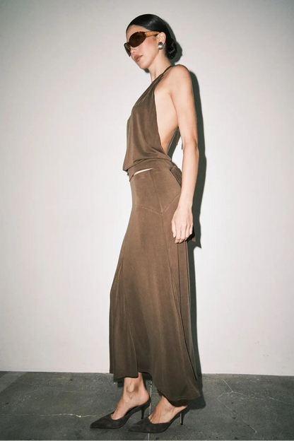 brown womens halter top with center slit and open back