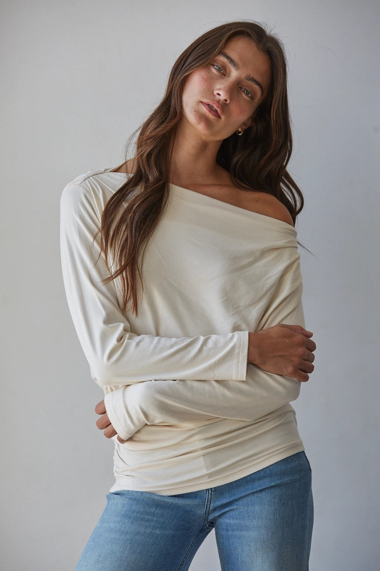 trendy cream off-the-shoulder long-sleeve top