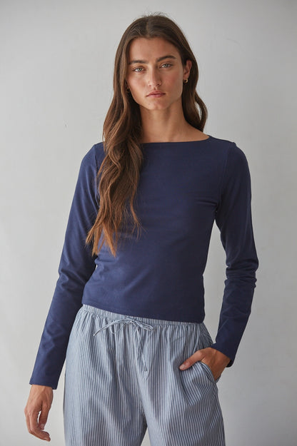 boat neck long sleeve shirt made with cotton