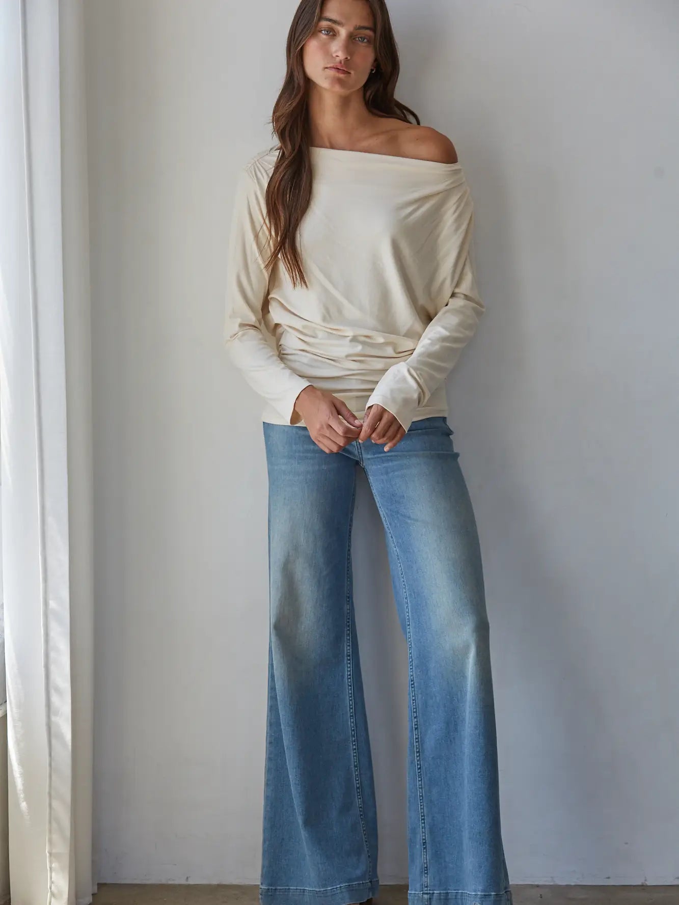trendy cream off-the-shoulder long-sleeve top