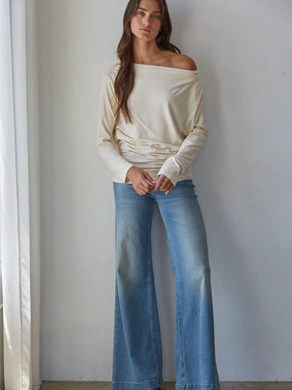 trendy cream off-the-shoulder long-sleeve top