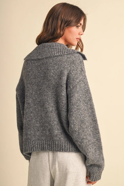 heather gray zip-up knit cardigan with a wide collar and front pockets