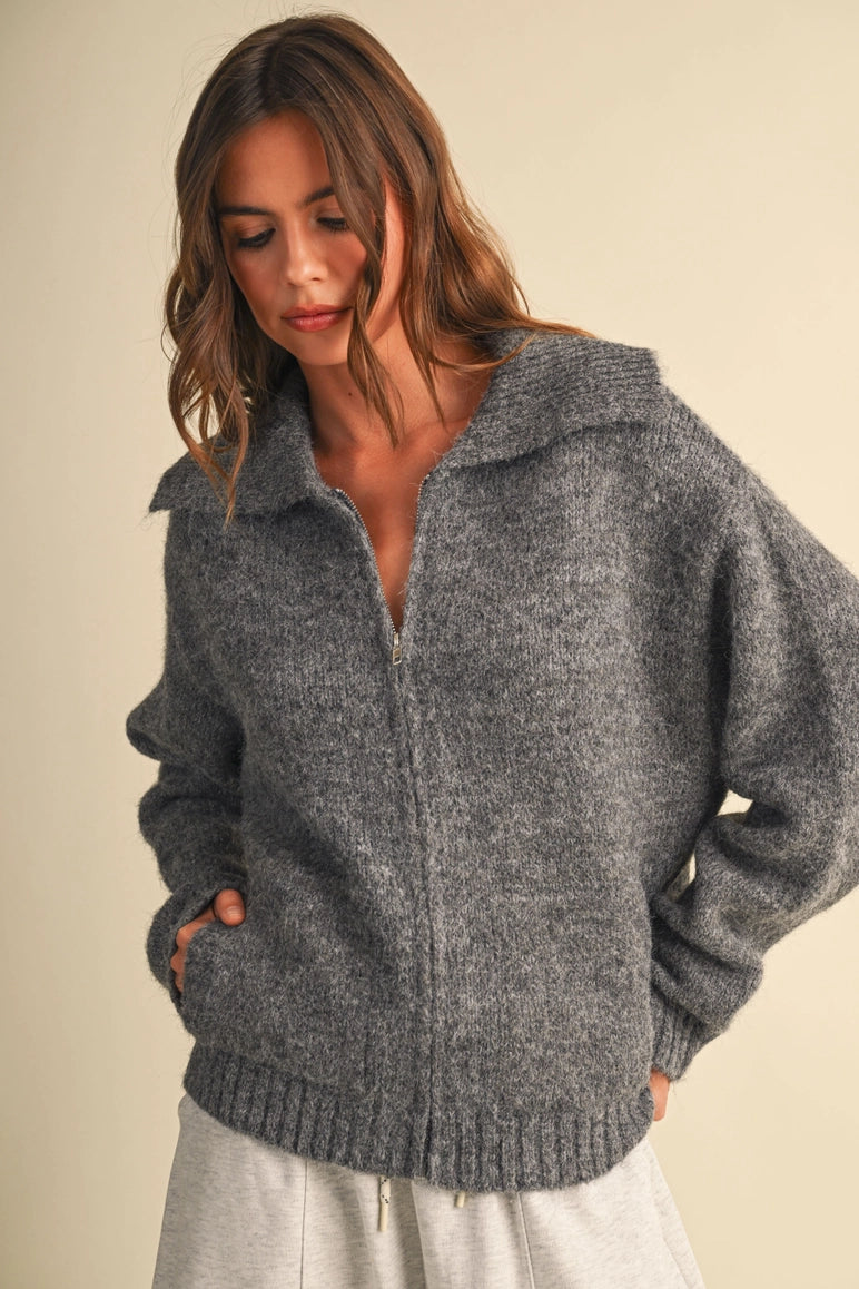 heather gray zip-up knit cardigan with a wide collar and front pockets