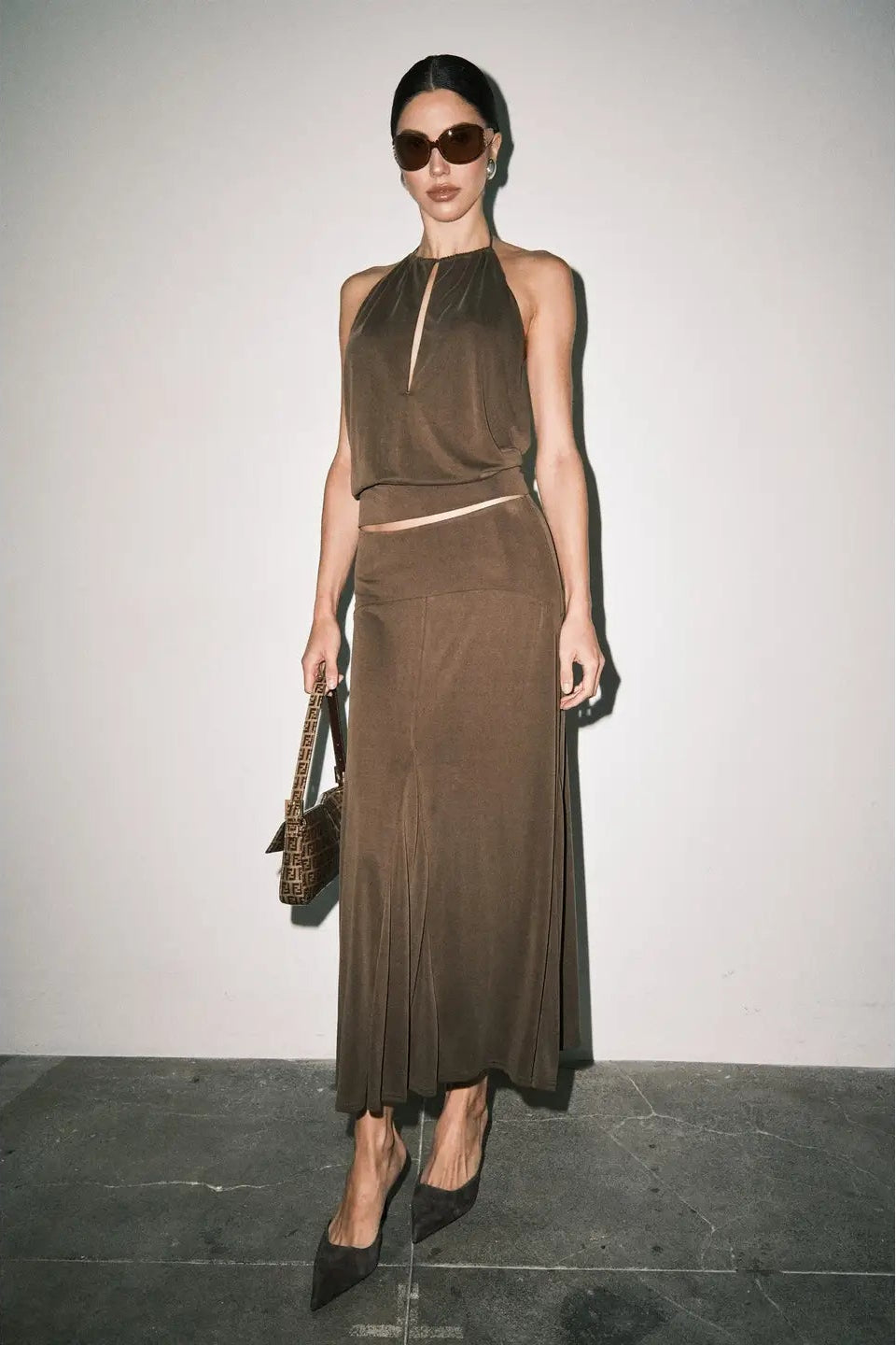 brown womens halter top with center slit and open back