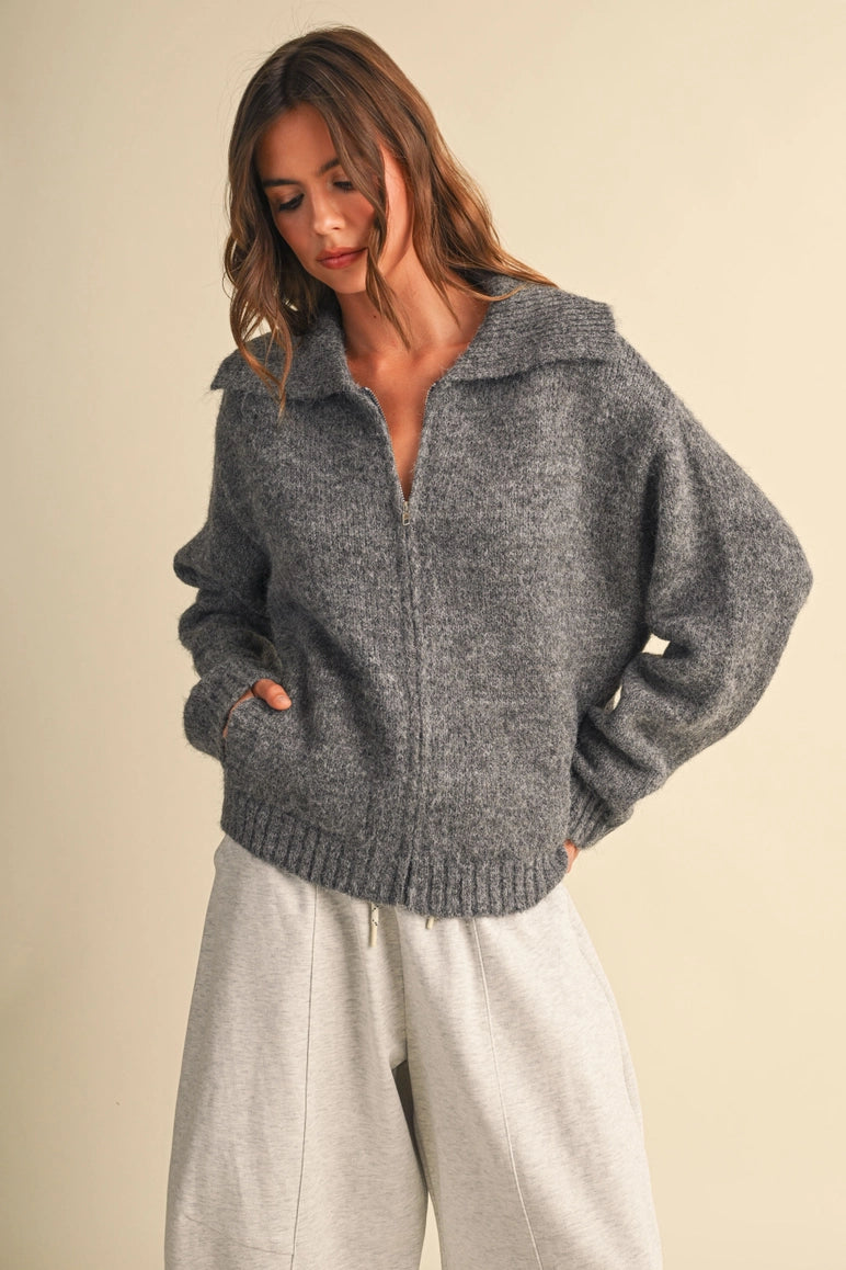 heather gray zip-up knit cardigan with a wide collar and front pockets