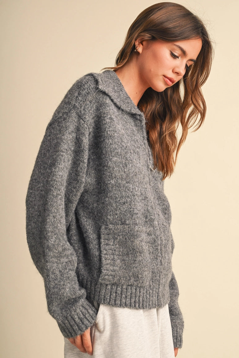 heather gray zip-up knit cardigan with a wide collar and front pockets