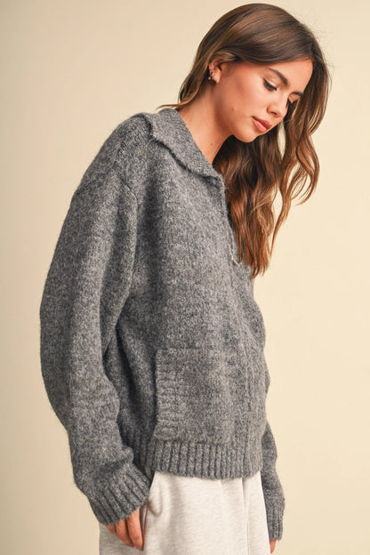 heather gray zip-up knit cardigan with a wide collar and front pockets