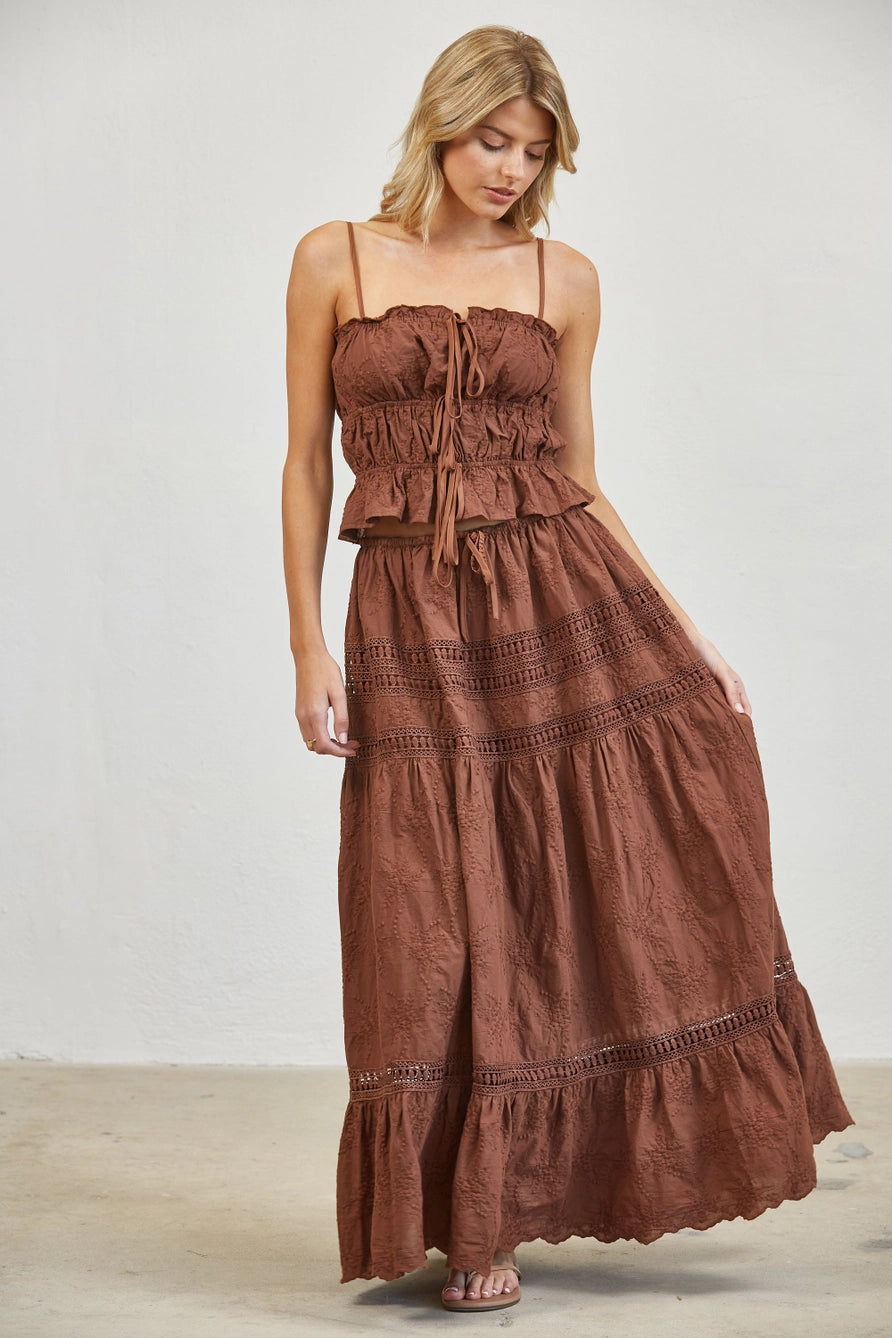 Embroidered lace maxi skirt in the color brown