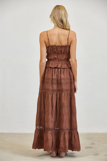 brown two-piece set consisting of a smocked crop tank with embroidery