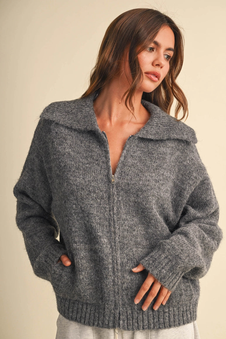 heather gray zip-up knit cardigan with a wide collar and front pockets