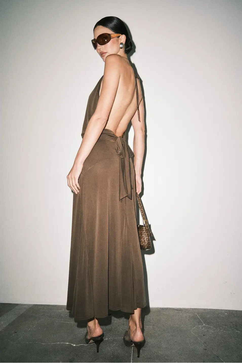 brown womens halter top with center slit and open back