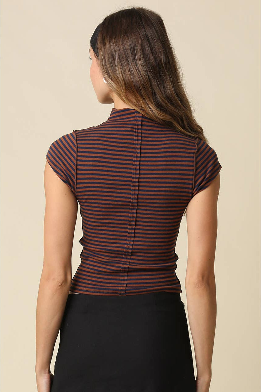 fitted short-sleeve mock neck top with horizontal brown and navy stripes