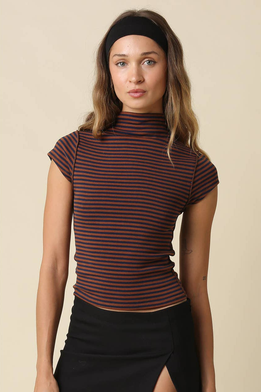fitted short-sleeve mock neck top with horizontal brown and navy stripes